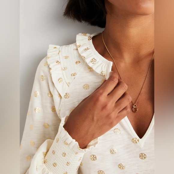 Boden Long Sleeve Smocked Balloon Sleeve Frilled Ruffle Gold Foil Peasant Top S - Picture 3 of 9